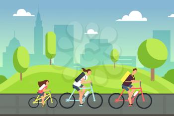 Happy family on bicycles. Healthy summer cycling with kids in park. Active people ride bike. Sports lifestyle vector concept. Illustration of sport family on bicycle, child with mother and father