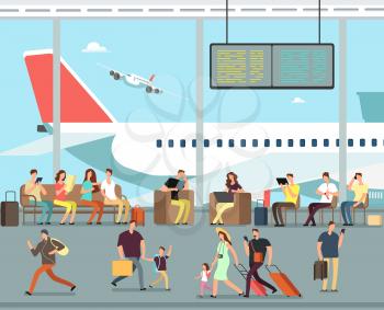 International airport terminal with sitting and walking people. Men and women, families with kids go on summer vacation vector concept. Family in airport, people woman and man with luggage