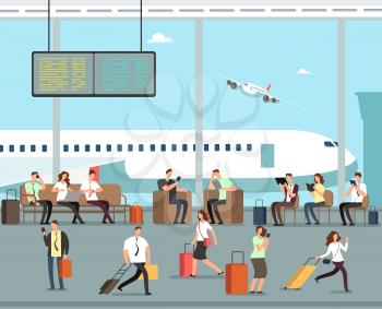 Business people with luggage at airport vector travel concept. Terminal with man and woman with baggage illustration