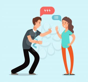 Young angry man and woman couple have quarrel. Unhappy family conflict, disagreement in relationship vector concept. Woman and man angry, couple quarrel and problem illustration