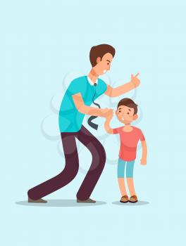 Angry father yells at upset scared child. Family conflict between children and parents vector concept. Illustration of conflict child and father
