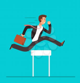 Businessman jumping over hurdles. Business challenge, successful overcoming vector concept. Businessman on competition challenge illustration