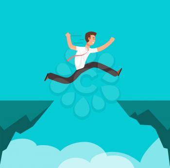 Businessman jumping over canyon. Business challenge, successful overcoming and risk vector cartoon concept. Businessman jump metaphor, motivation and decision illustration