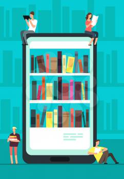Smartphone with reader app and people reading books. Online book store, library and education vector concept. Illustration of shelf book with literature on phone