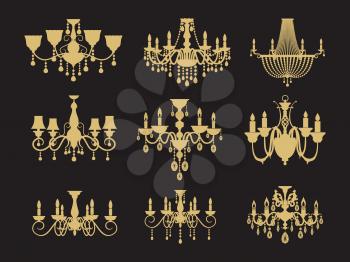 Set of vintage chandeliers isolated on black background. Vector lamp for interior, antique and luxury illustration