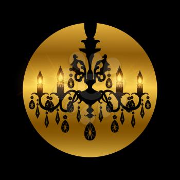 Vintage crystal chandelier silhouette with lights vector icon isolated on black illustration