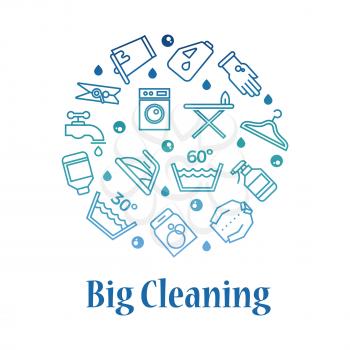 Big cleaning icons round concept. Housework washing line icons on white. Vector illustration