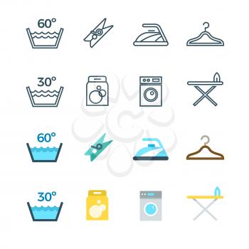 Housework and laundry washing line and flat icons of set. Vector illustration