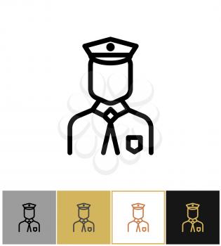 Policeman icon, police uniform man sign or security guard person on gold, black and white backgrounds vector illustration