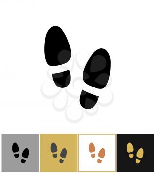 Shoe step print icon, shoes footstep sign or shoeprint symbol on gold, black and white backgrounds vector illustration