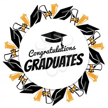 Congrats graduates round banner with students accessorises. Graduation celebration, graduate congrats, ceremony banner illustration vector