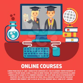 Flat online courses graduates vector concept. Graduation with internet study illustration