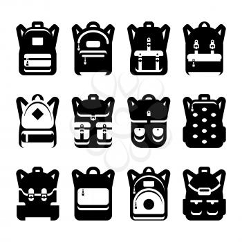 Black and white backpack silhouette set. Backpack and haversack, bag and luggage for travel, vector illustration