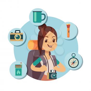 Flat tourist character with tourism accessories. Travel infographic icons. Tourism summer, girl adventure with backpack, hiking and journey. Vector illustration