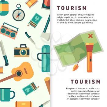 Tourism banner design with flat map light and accessories. Vector illustration