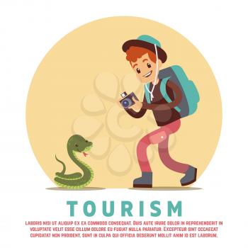 Tourism concept banner or poster with flat male tourist and snake. Vector illustration
