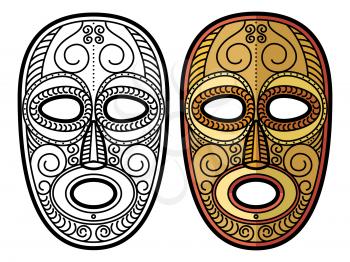 Coloring page with african, mexican aztec tribal mask isolated on white background. Vector illustration