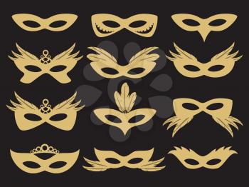 Gold carnival party face masks with decorative elements on black background. Vector illustration