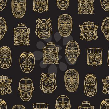 Gold indian aztec and african historic tribal mask seamless pattern background. Vector illustration