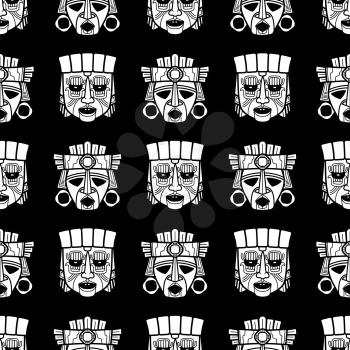 Indian aztec and african historic tribal vodoo mask black white seamless pattern. Vector illustration