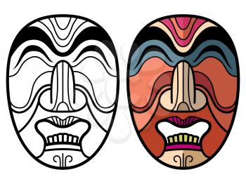 Mexican indian aztec traditional masks isolated on white background. African mask coloring page. Vector illustration