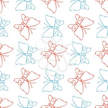 Color pencil sketch butterflies linear style seamless pattern background. Vector illustration
