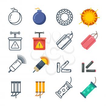 Dynamite, fireworks, pyrotechnic vector icons colored of set. Vector illustration