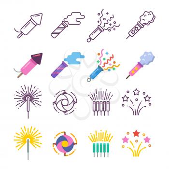 Festival dynamite, party fireworks, festive spark, holiday pyrotechnic line and silhouette icons. Vector illustration