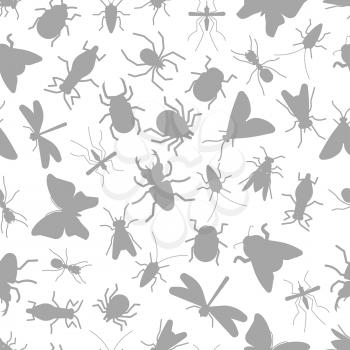 Grey silhouettes insect seamless pattern background on white. Vector illustration