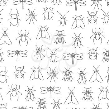 Pencil drawing insects seamless background pattern. Wild nature seamless texture. Vector illustration