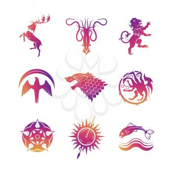 Bright heraldic vector icons with animals and throne symbols silhouettes illustration