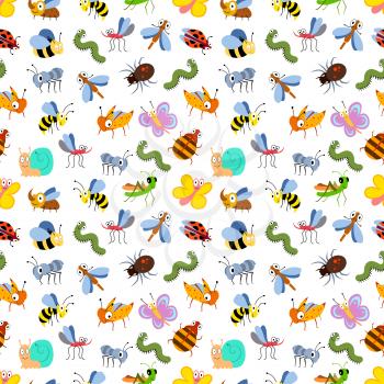 Cute cartoon insects seamless background pattern for kids, textile, cards. Vector illustration