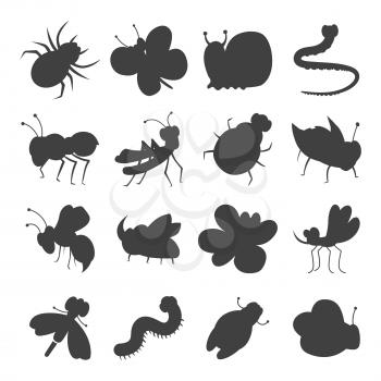 Grey insect silhouette icons isoated on white background. Vector illustration