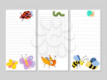 Kids pages for notes and to do lists of set with cartoon insects. Vector illustration