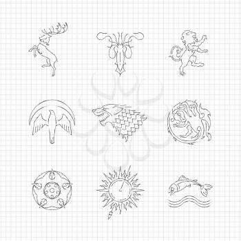 Pencil drawing line heraldic animals gaming thrones symbols. Vector illustration