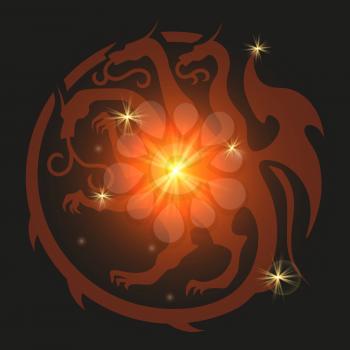 Shiny glowing dragon emblem. Heraldic style three heads dragon background. Vector illustration