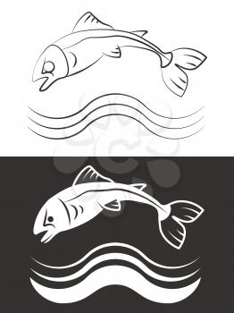 Silhouette and line fish with waves sea or ocean. Vector illustration