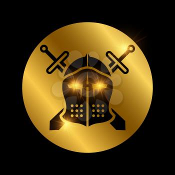 Golden icon with black vintage knights helmet and swords. Vector illustration