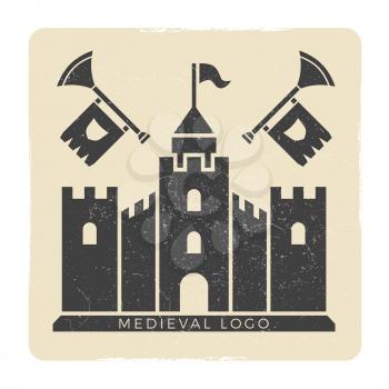 Grunge medieval castle logo vector design. Castle building medieval, tower fortress silhouette illustration