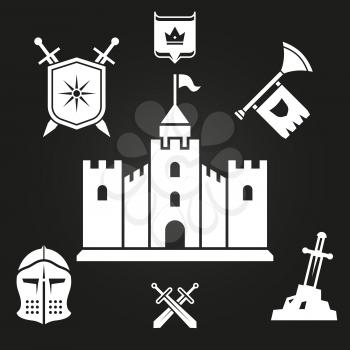 Medieval castle silhouette and knights tales elements isolated on black. Vector illustration