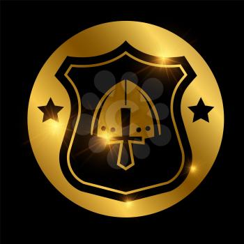 Shiny defense logo design. Medieval shield on golden background. Vector illustration