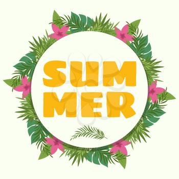 Summer banner ot poster with tropical plants and flowers. Vector illustration