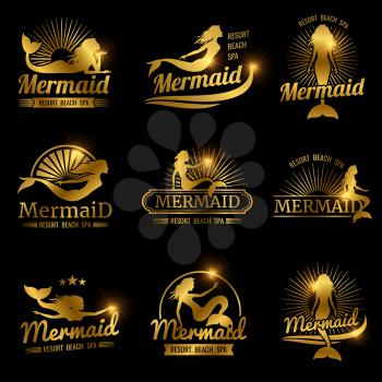 Golden mermaid labels. Shiny resort beach spa logos design. Woman with tai badge for spa, vector illustration