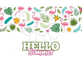 Tropical leaves and flamingo pattern. Hello summer banner or poster background design. Vector illustration