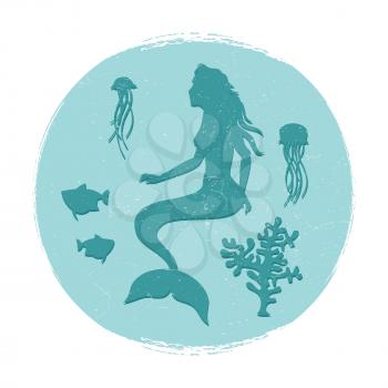 Vintage underwater life label. Mermaid and fishes, jellyfish silhouettes. Vector illustration