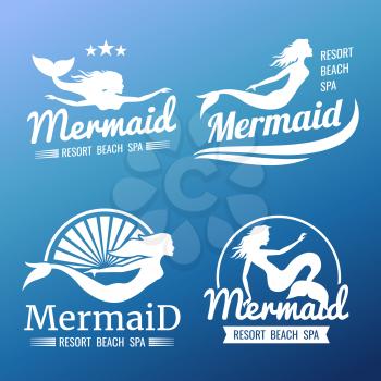 White mermaid labels design. Resort beach spa logo set. Vector illustration