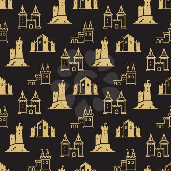 Castles and fortress, bastions on black seamless background. pattern. Vector illustration