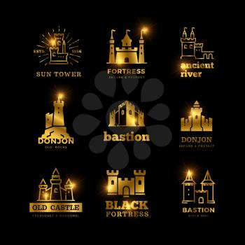 Golden medieval castle and knight fortress ancient royal logo set on black background. Vector illustration
