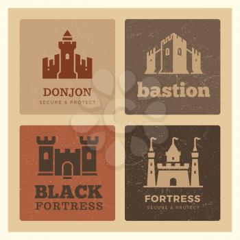 Banner with grunge castles, fortress, bastion label design. Medieval logos set. Vector illustration