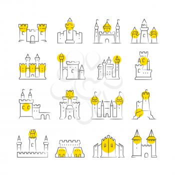 Sketch castles and bastions line icons with yellow rounds. Vector illustration